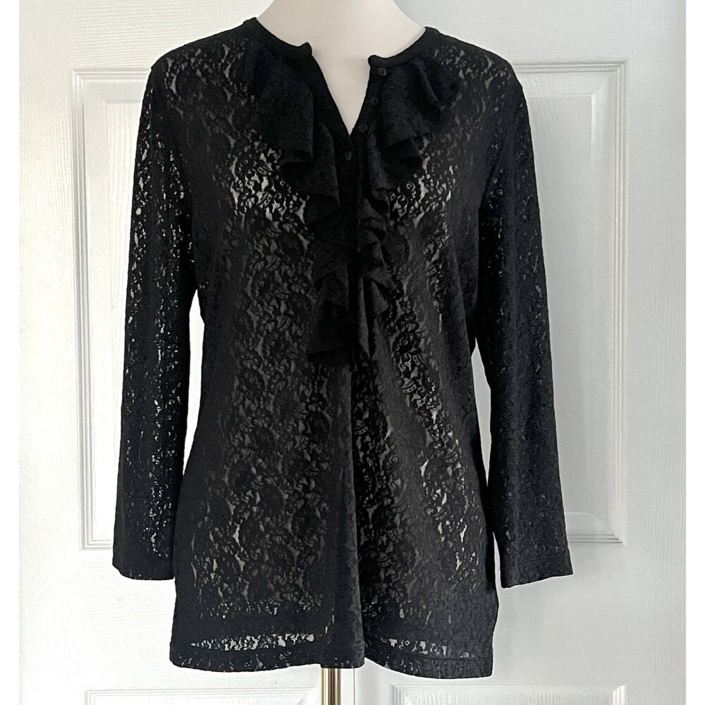NWT Lauren Ralph Lauren Black Ruffled Neck Boho Western All Lace Top Womens sz L